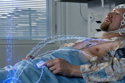 Patient lying in bed wearing EEG and ECG sensors for monitoring, with digital overlays representing data transmission from the devices.