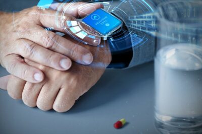 Elderly person wearing a smartwatch displaying a medication reminder, with a digital overlay and binary code representing connected healthcare. A glass of water and a pill sit nearby.