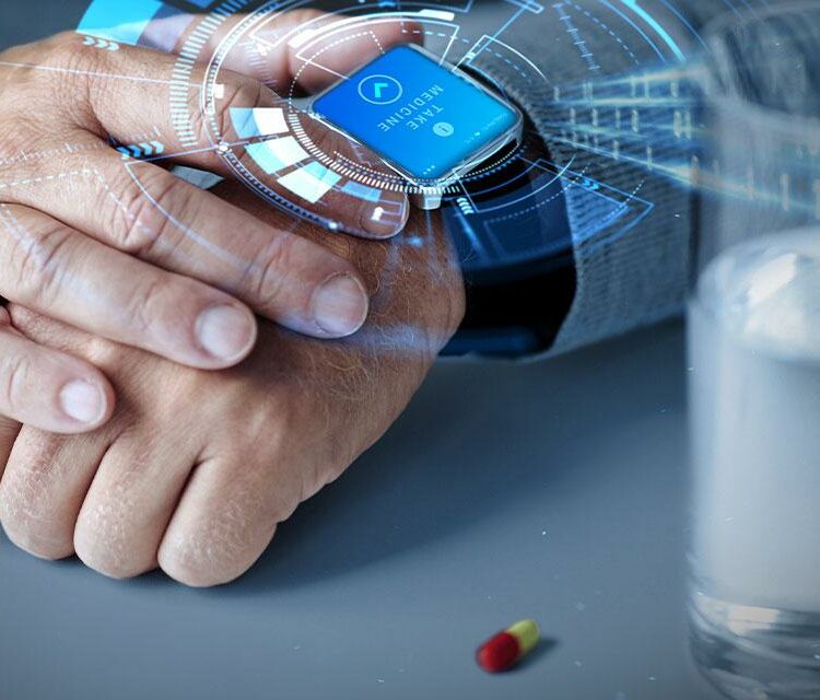 Elderly person wearing a smartwatch displaying a medication reminder, with a digital overlay and binary code representing connected healthcare. A glass of water and a pill sit nearby.