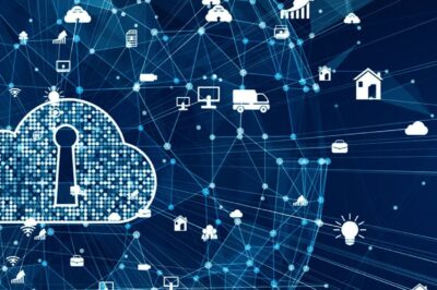 Digital cloud security icon in a network of connected devices representing IoT and secure data transfer.