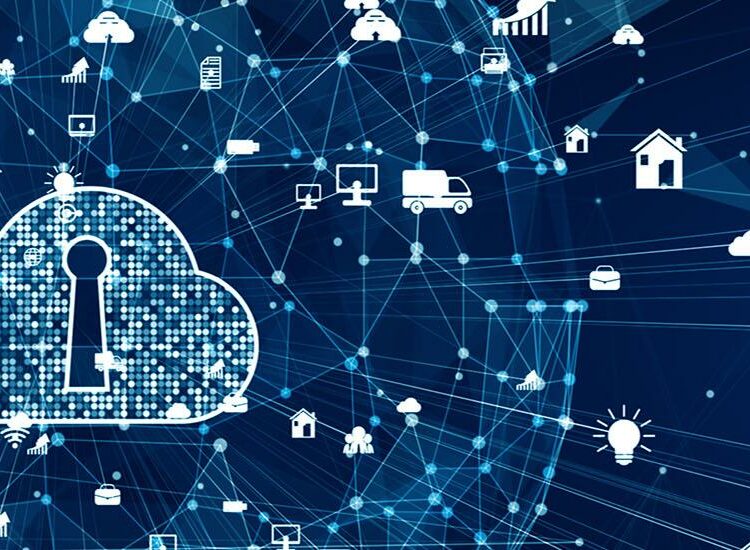 Digital cloud security icon in a network of connected devices representing IoT and secure data transfer.