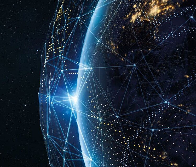 Earth with a digital network overlay, representing global connectivity and secure communications.