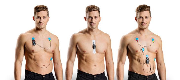 Three images of a man wearing different setups of ECG monitoring devices attached to his chest.