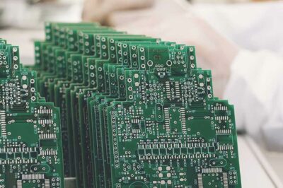 Stacks of green printed circuit boards (PCBs) lined up for testing in a manufacturing facility.