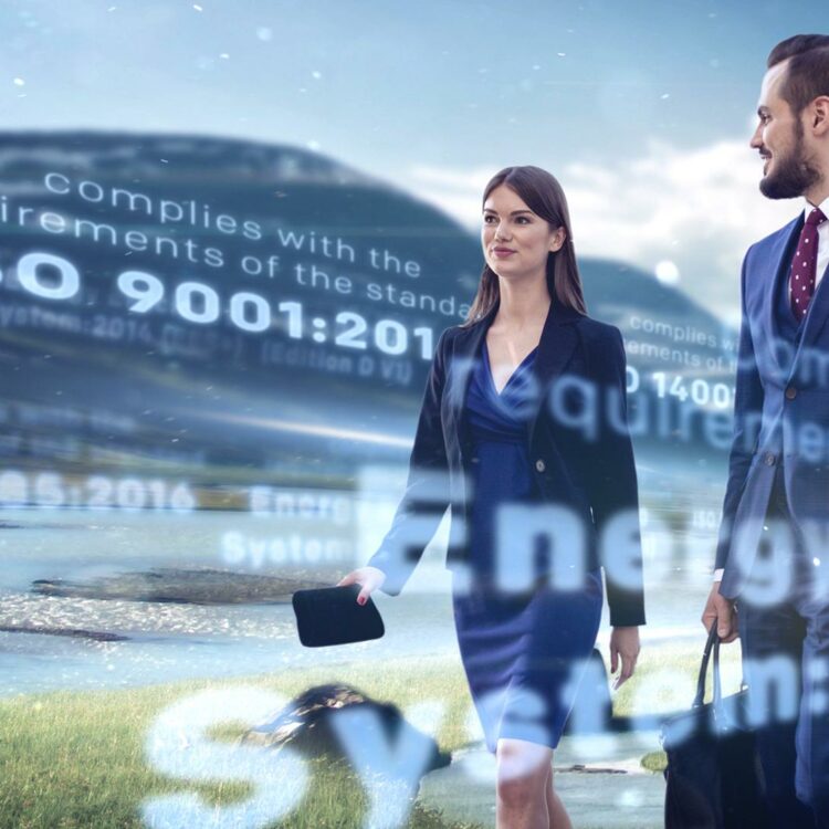 wo business professionals walking outdoors with overlaid text showing ISO certification standards like ISO 9001 and ISO 13485.