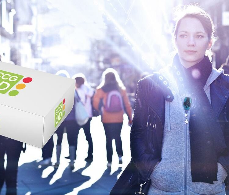 Woman walking in a city wearing a wireless ECG device, with a floating ECG On-Demand package in the foreground.