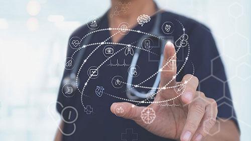 Healthcare professional interacting with a digital interface, with icons representing medical data and networks.